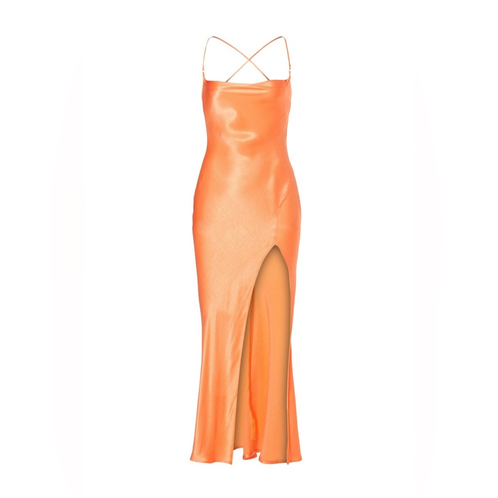 Bec & Bridge Orange Satin Slip Maxi Dress with Thigh Slit - Picture 4 of 6